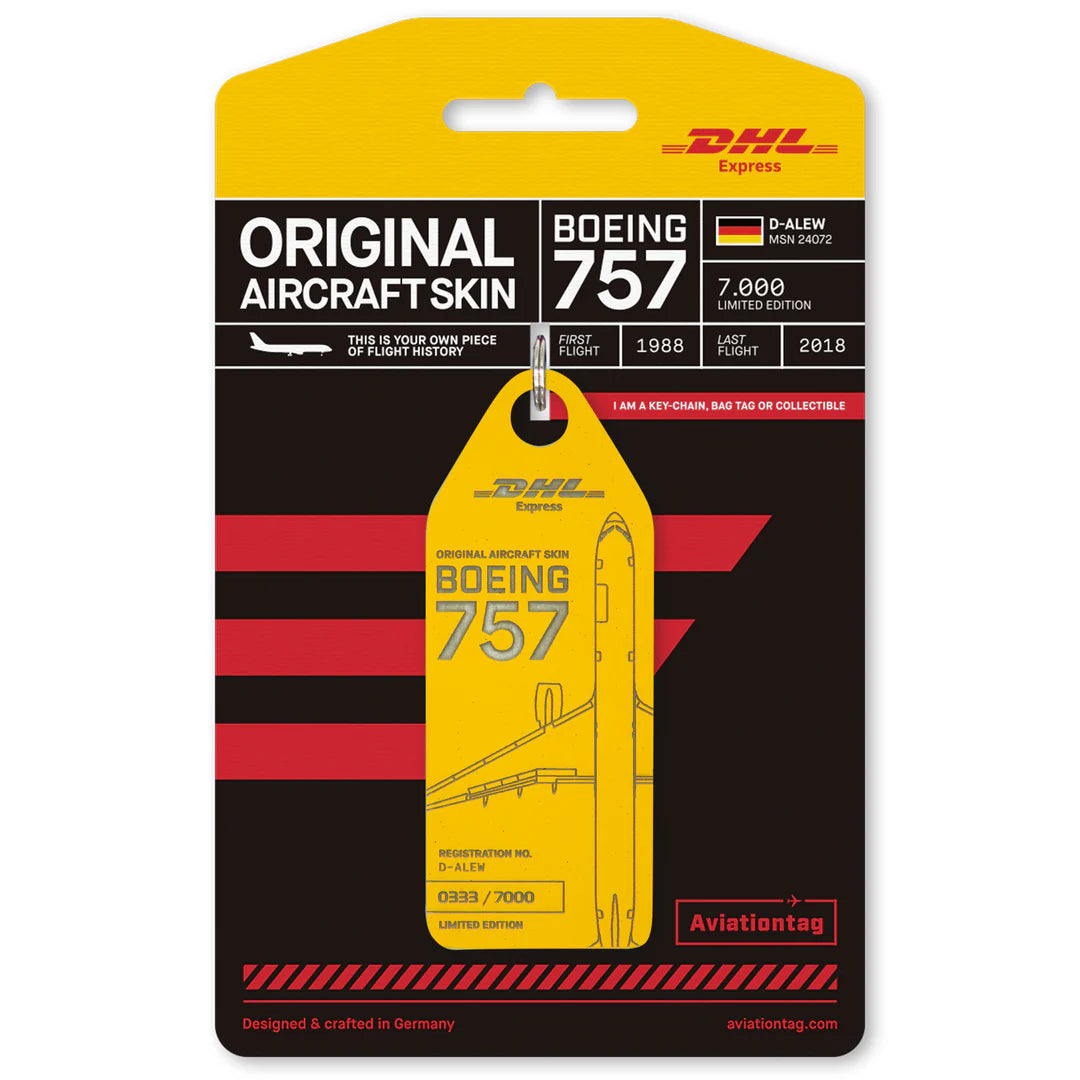 DHL Express Boeing 757 - D-ALEW (Yellow)
This vibrant yellow Aviation Tag is crafted from the skin of a DHL Express Boeing 757 (D-ALEW). Known for its critical role in global cargo transport, this tag is a striking piece of aviation history. Perfect for collectors and enthusiasts who admire modern freight icons.  